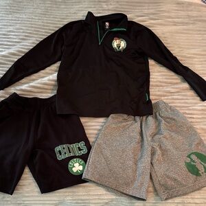 Boys size 10-12 NBA Celtics Black and Gray Shorts Set and black polo shirt